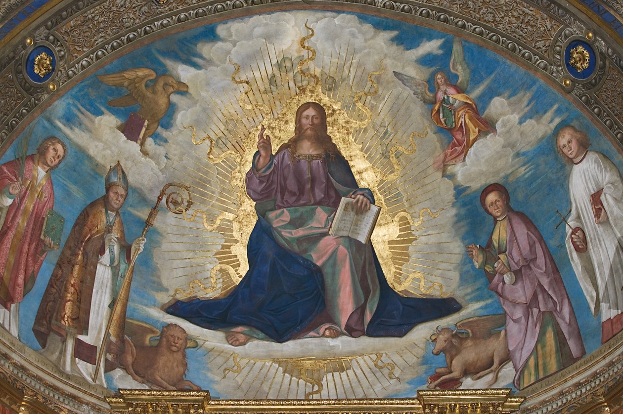 Forløseren i herlighed blandt Sankt Himerius, Sankt Marcellinus, Sankt Omobono og Sankt Peter, og evangelisternes symboler af Boccaccio Boccaccino