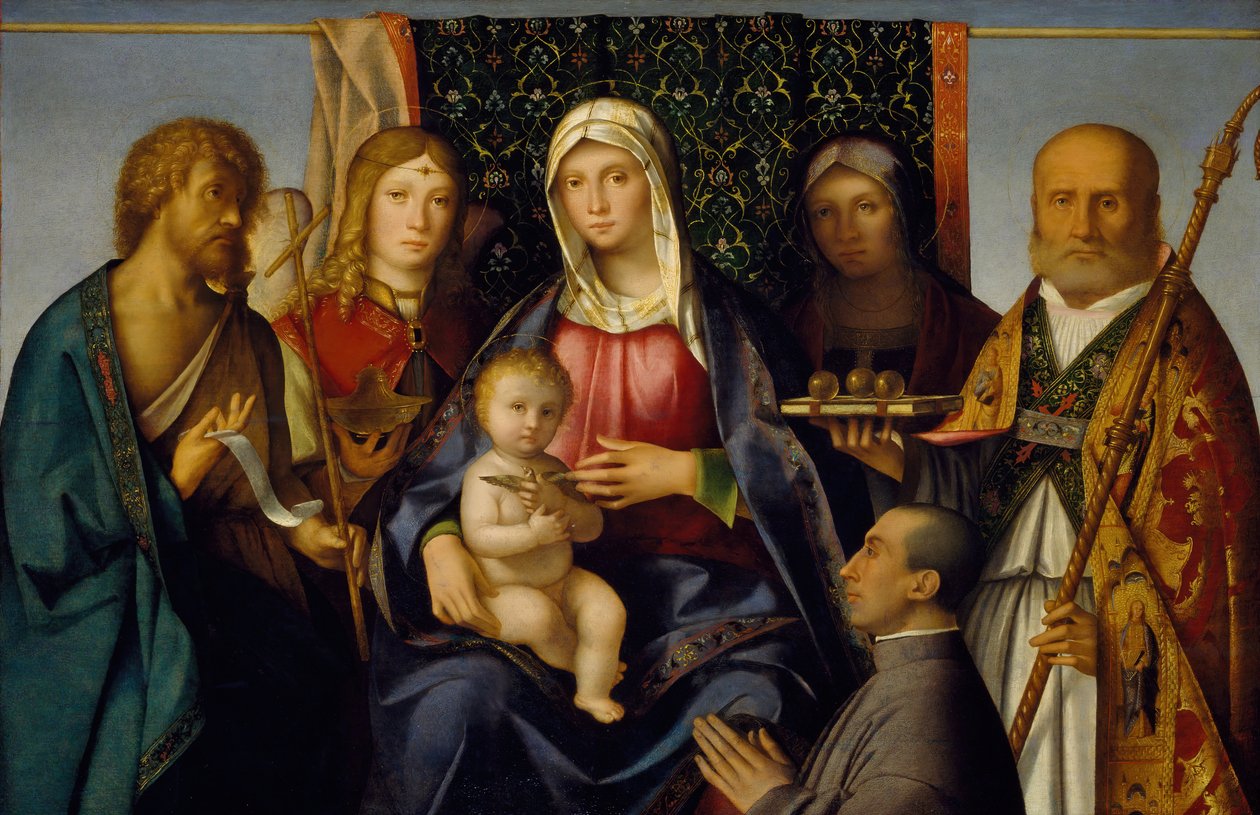 Jomfru og barn med hellige og en donor, 1505-1515. af Boccaccio Boccaccino