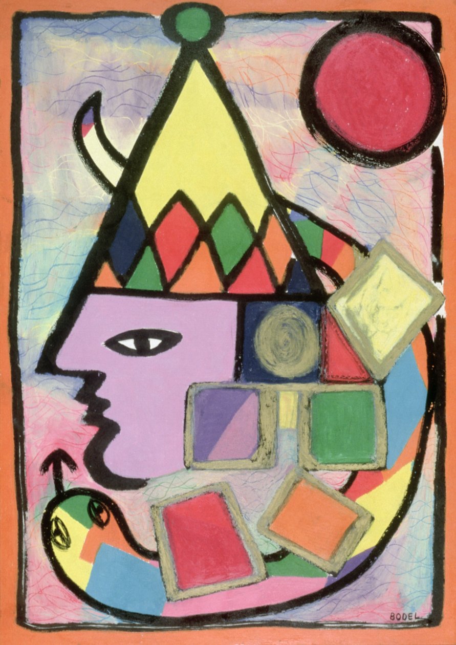 Harlekin, 2000 (olie, pastel og indisk blæk på papir) af Bodel Rikys