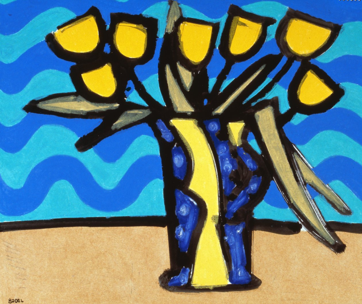 Gule tulipaner, 1996 (olie, pastel og indisk blæk på papir) af Bodel Rikys