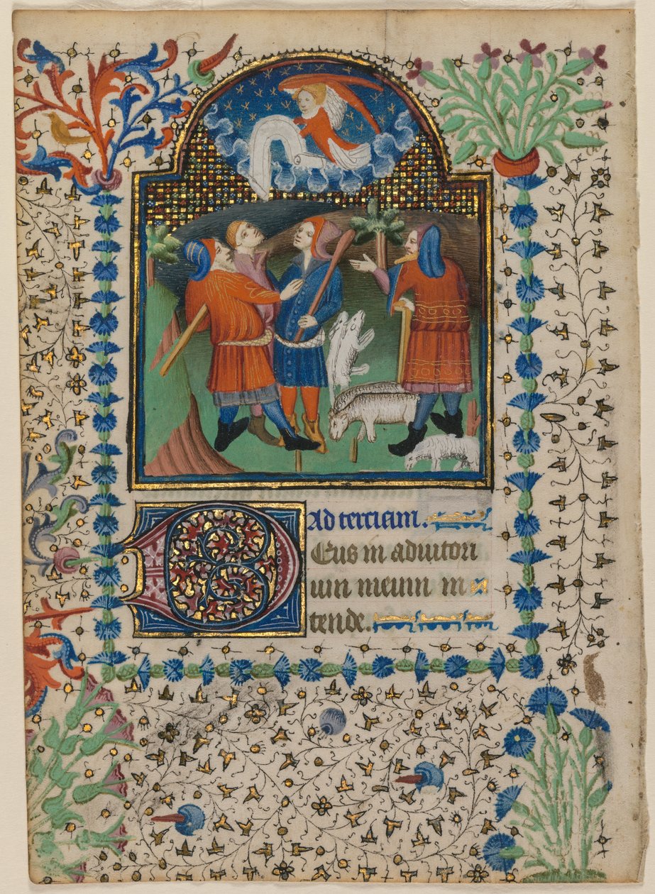 Blad fra en timebog: Bebudelse til hyrderne recto og tekst verso, ca. 1410-20. af Boethius Illuminator