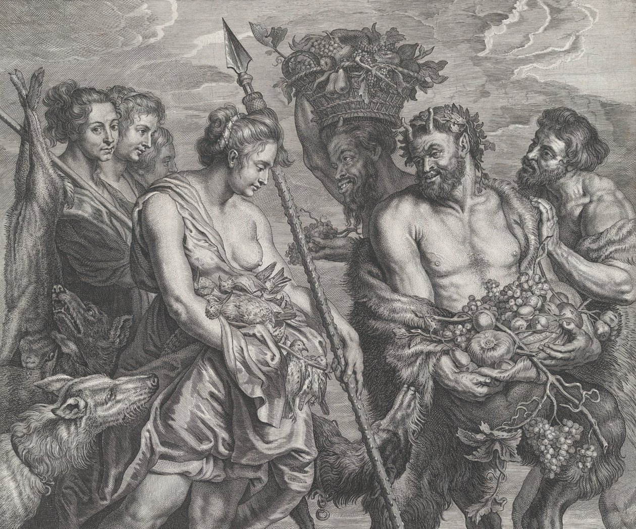 Diana, der vender tilbage fra jagten, ledsaget af hunde og hendes nymfer til venstre, sad to..., ca. 1640-59. af Boetius Adams Bolswert
