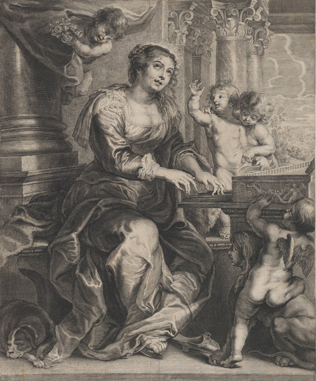 Sankt Cecilia spiller orgel omgivet af putti, ca. 1640-59. af Boetius Adams Bolswert