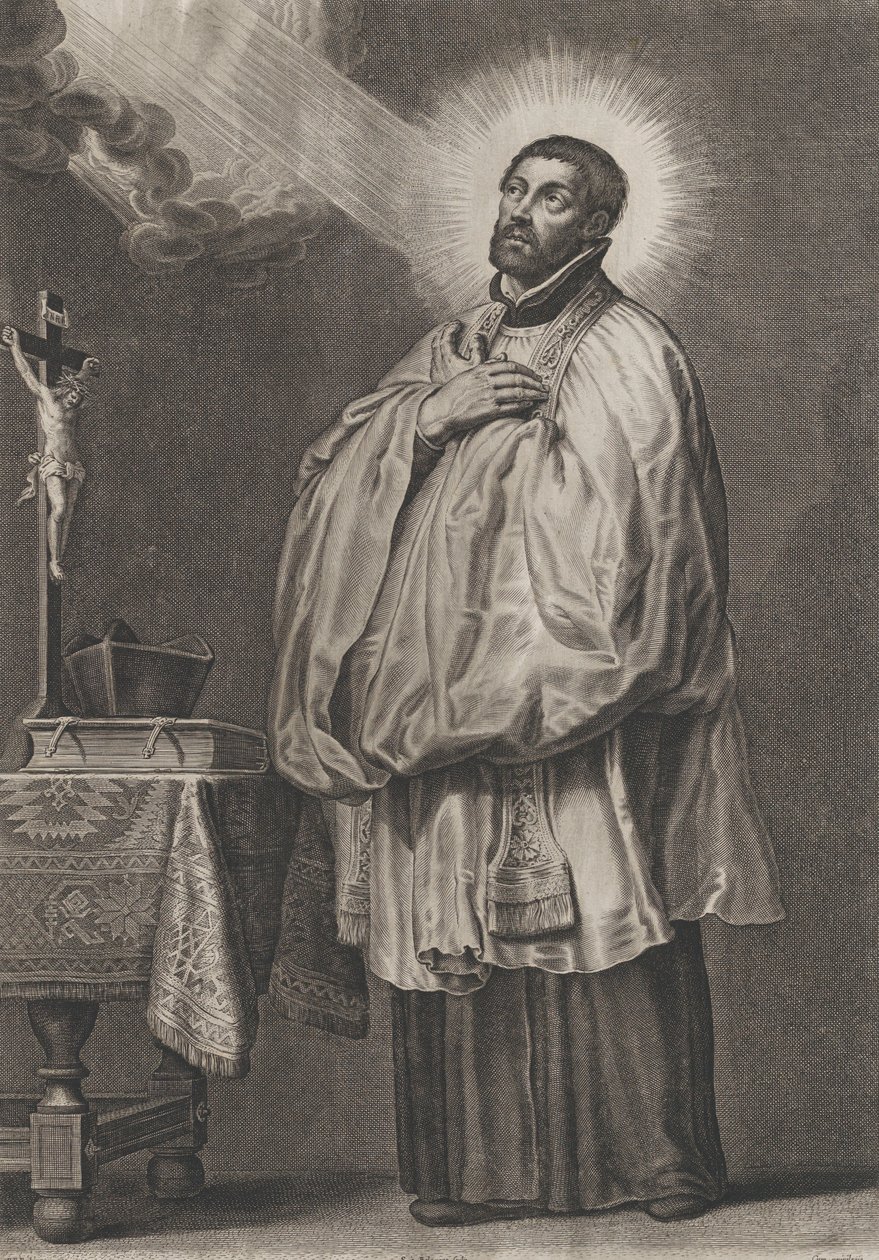 Saint Francis Xavier med et guddommeligt lys, der emanerer mod ham fra øverste venstre,..., ca. 1623-33. af Boetius Adams Bolswert