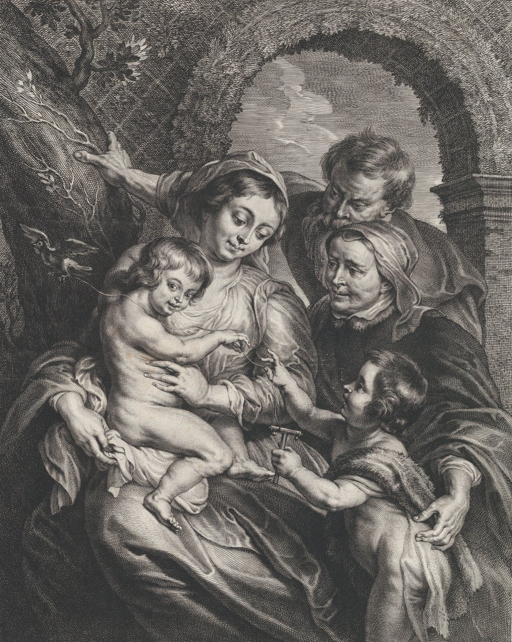 Den hellige familie med Sankt Elizabeth og spædbarnet Sankt Johannes Døberen, der holder..., ca. 1600-59. af Boetius Adams Bolswert