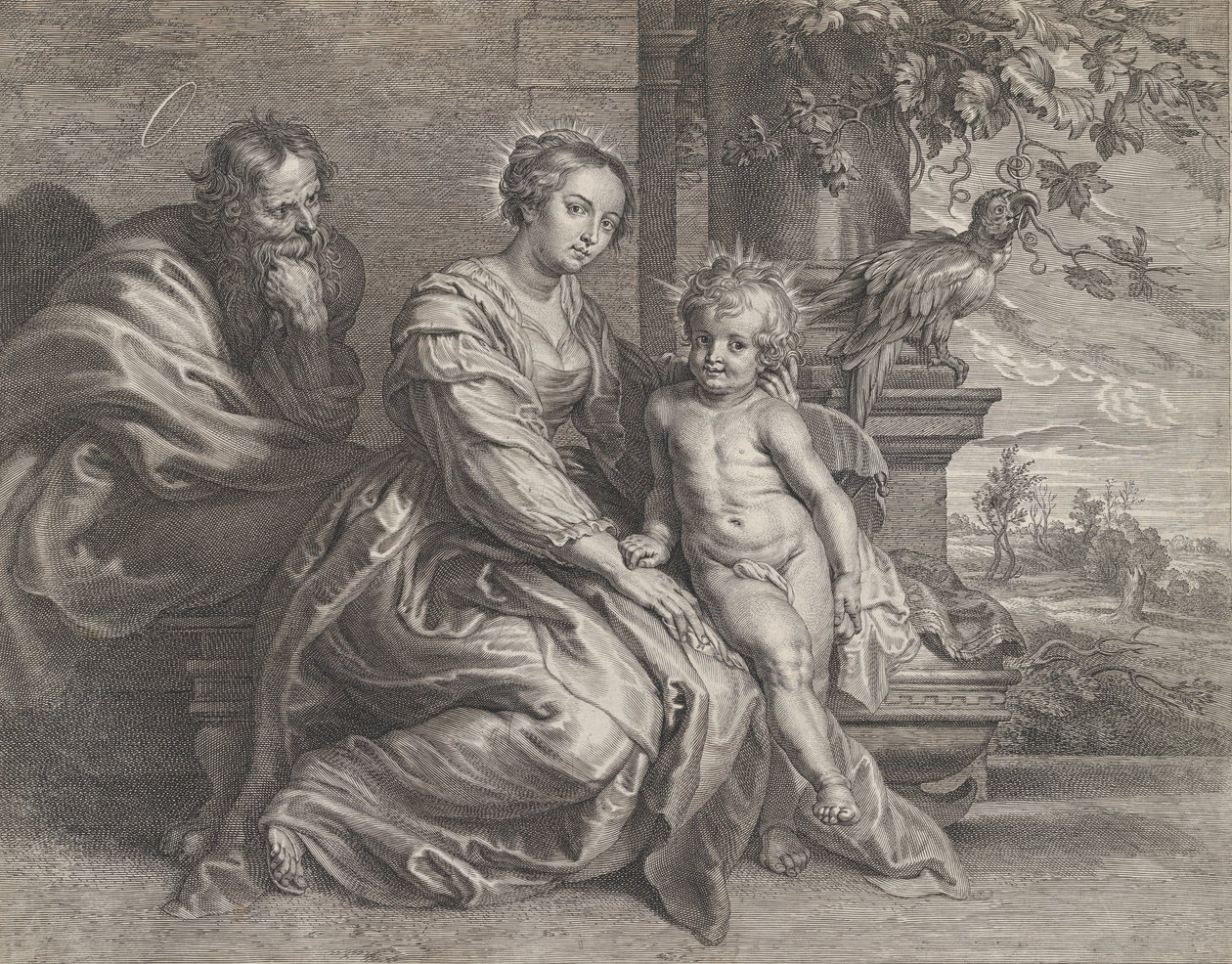 Den hellige familie med en papegøje, ca. 1625-59. af Boetius Adams Bolswert