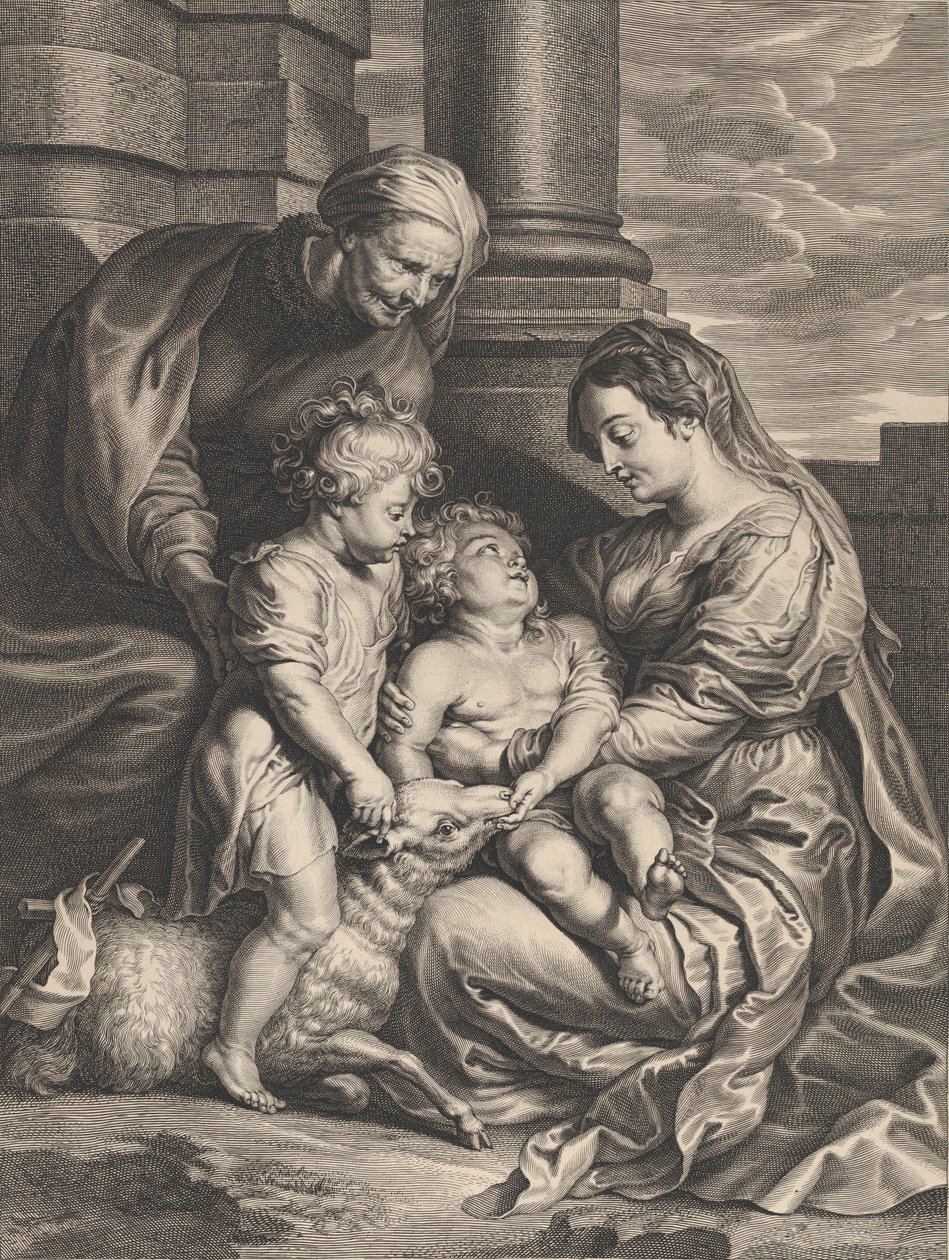 Jomfru- og Kristusbarnet med Sankt Anne og Sankt Johannes Døberen, ca. 1640-59.. af Boetius Adams Bolswert