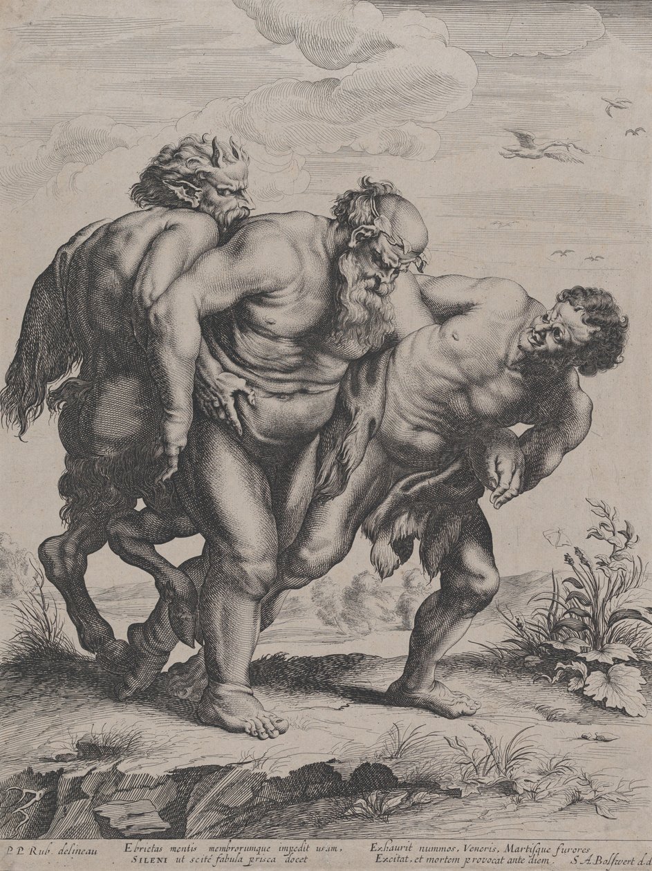 Den berusede Silenus, støttet af en Satyr og en Faun, 1625-5 af Boetius Adams Bolswert