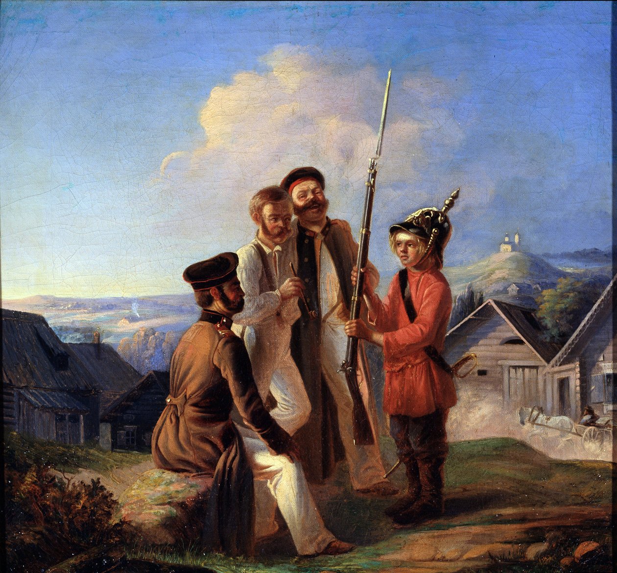 Militær bosættelse. Soldater gør grin med en ung dreng, som de gav en hjelm og en riffel. Maleri af Bogdan Bogdanovich Greim (ca. 1827-1885), olie på lærred. 1800-tallet russisk kunst. Statens Kunstmuseum for Republikken Kar af Bogdan Bogdanovic Greim