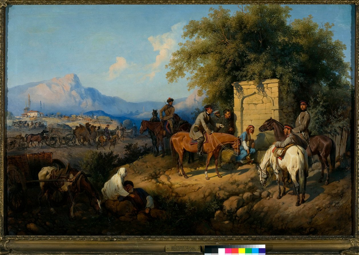 Russiske tropper krydser Kaukasusbjergene i Adjara (Georgien) (Russiske styrker krydser Kaukasusbjergene i Adjara) (Kaukasusstammernes oprør mellem 1830 og 1860) - Maleri af Gottfried (Bogdan Pavlovich) Willewalde (18031818-1903), olie af Bogdan Willewalde