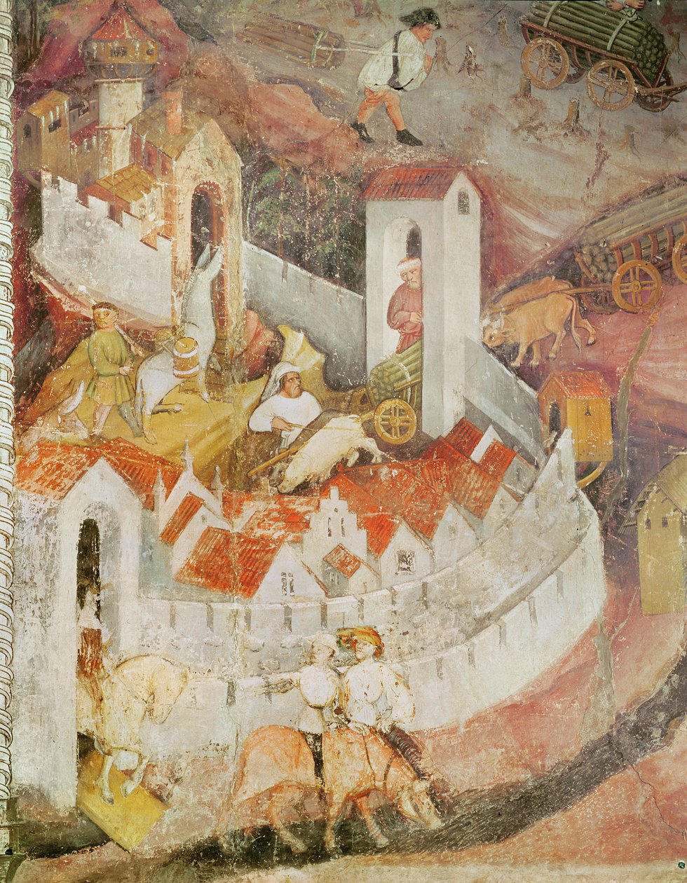 December måned, detalje af transport af træstammer, ca.1400 af Bohemian School