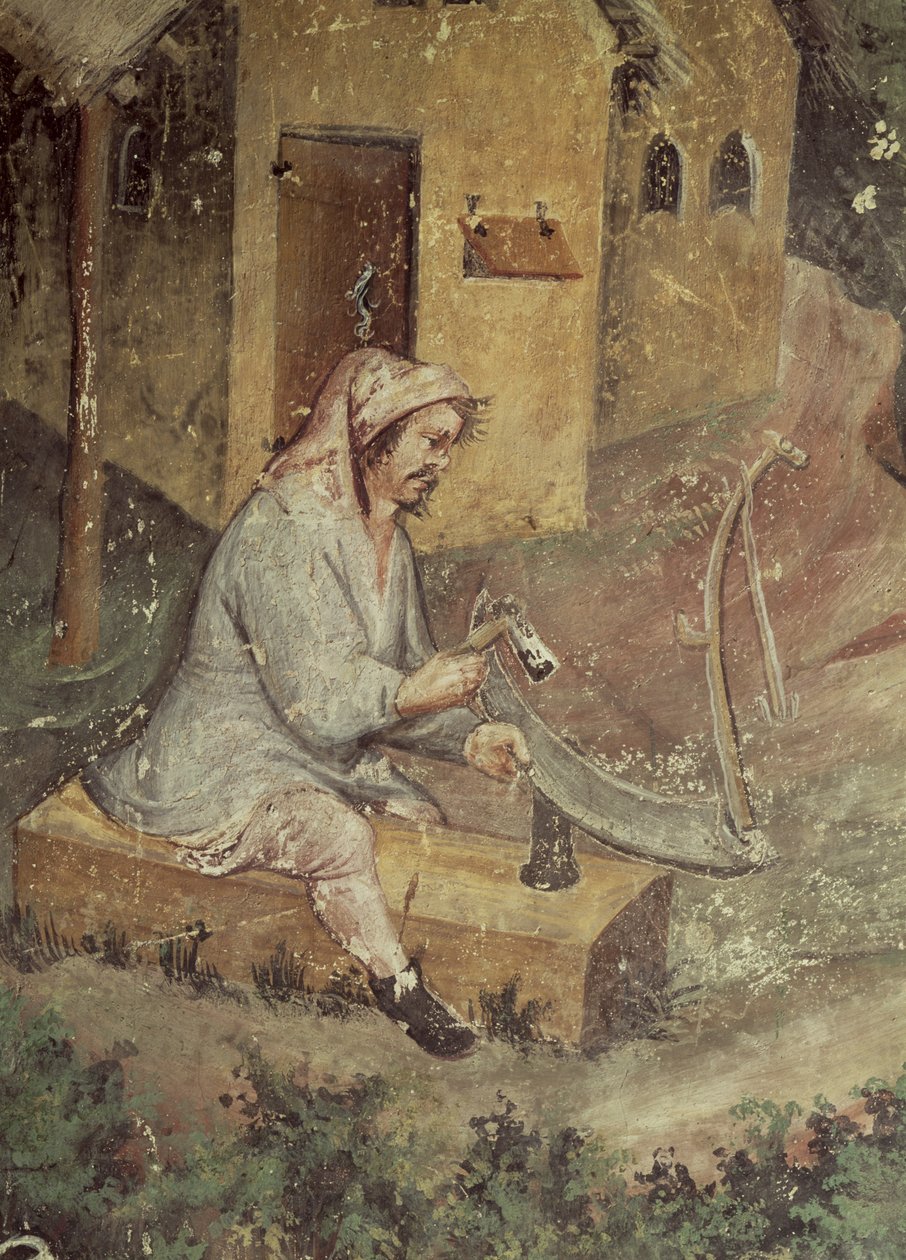 Juli måned, detalje af en bonde, der sliber sin le, ca. 1400 af Bohemian School