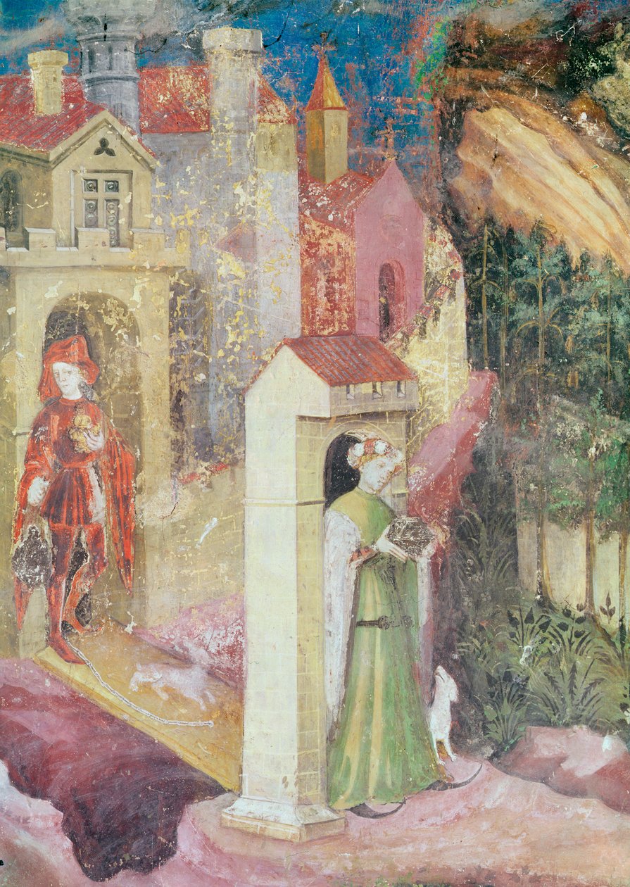 Juni måned, detalje af et par, der går en tur, ca. 1400 af Bohemian School