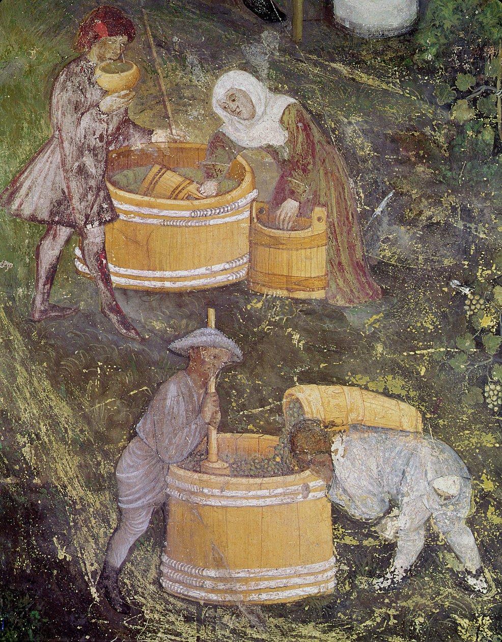 Oktober måned, detalje af vindrueplukkere og kar, ca. 1400 af Bohemian School