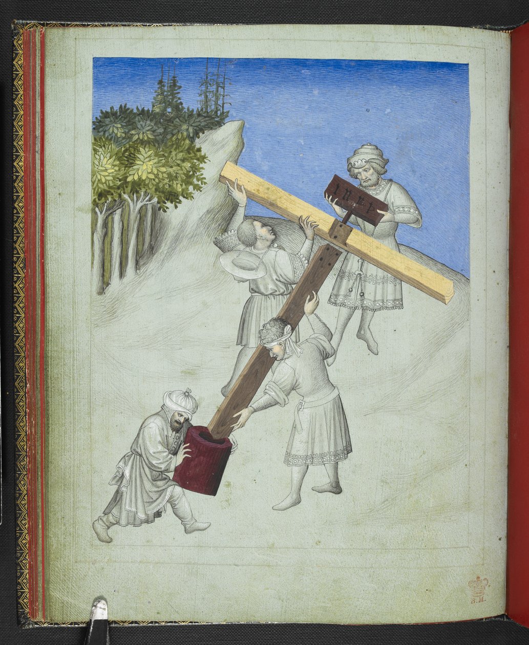 Tilføj 24189, f.11v, Samlingen af Kristi kors, af fire forskellige træsorter, afbildet i forskellige farver, fra 