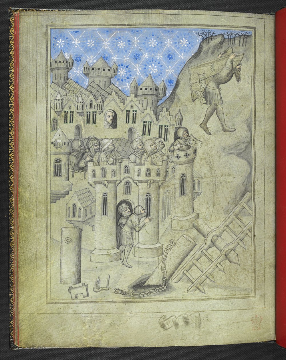 Tilføj 24189. f.16v, Samson, der bærer Gazas porte, overvåget fra bymurene af pansrede soldater og, ved et vindue, Delilah, fra 
