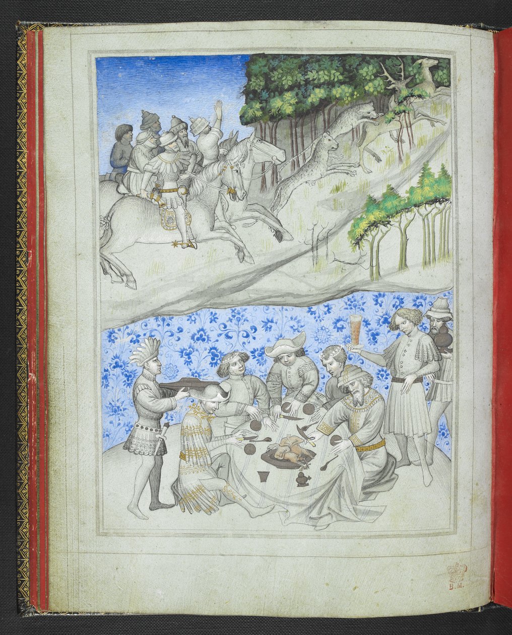 Tilføj 24189, f.5v, Rekreation på Cypern med, over, en hjortejagt ved hjælp af leoparder og, forneden, en fest, fra 