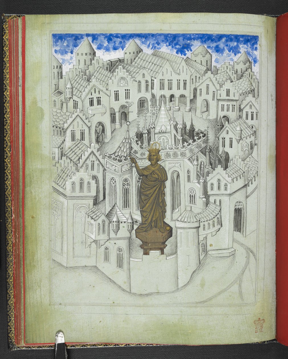 Tilføj 24189, f.9v, Byen Konstantinopel, med en stor statue af kejser Justinian stående foran katedralen St. Sophia, fra 