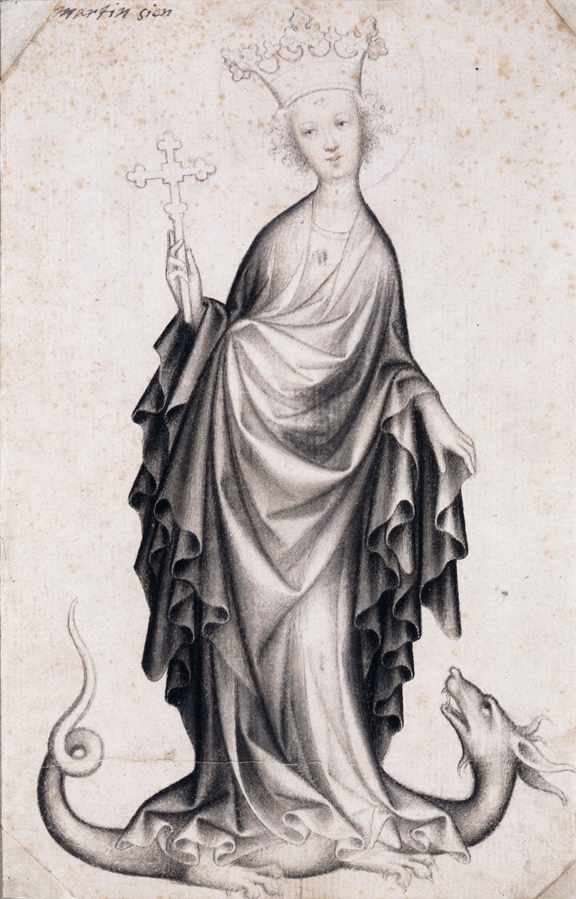 Saint Margaret of Antioch (død omkring 305) (Saint Margaret) (hun holder et krucifiks og tramper en drage) - Værk af en bøhmisk mester (aktiv 1410-1420), blyant og pensel på papir (21,4x14 cm) , omkring 1410 - Szepmuveszeti Muzeum, Budapest (Ungarn) af Bohemian School