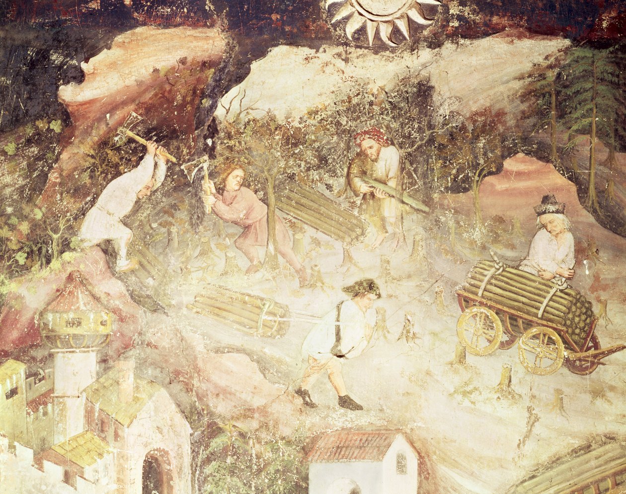 December måned, detalje af mænd, der fælder træer, ca. 1400 (fresco) af Bohemian School