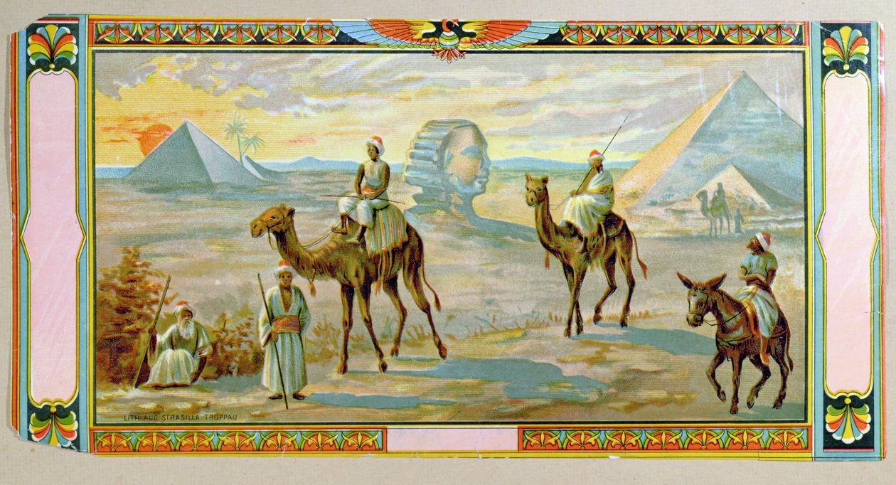 Sfinxen og pyramiderne, etiket fra en fez-kasse, ca. 1910 af Bohemian School
