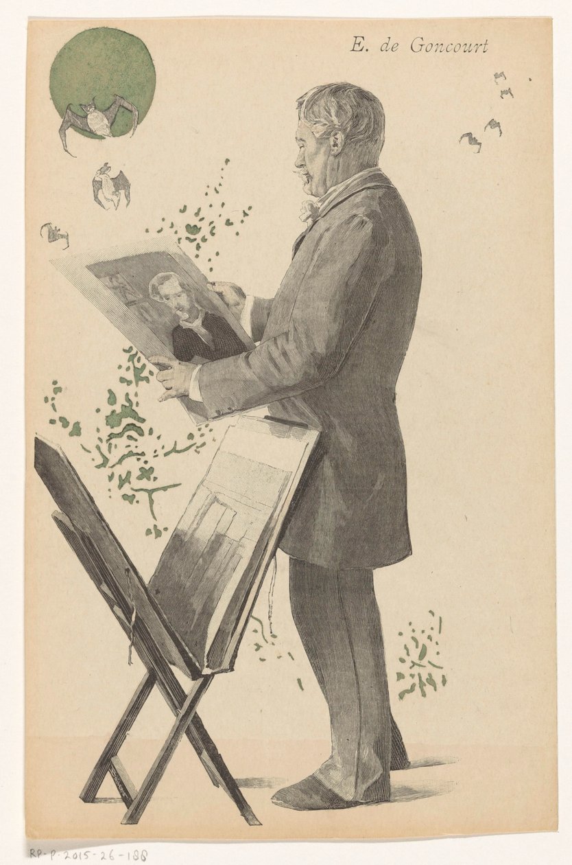 Edmond de Goncourt ser på et print, ved siden af ​​ham en printstandard E. de Goncourt (titel på objekt) af Boileau