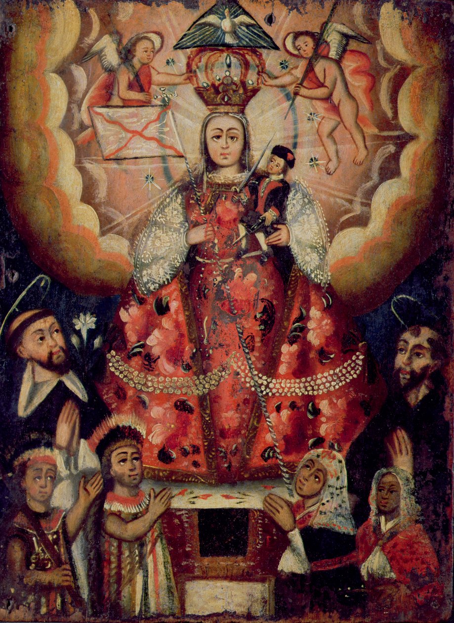 Madonna med Christ Child, St. Dominic, St. Francis og indianske tilbedere af Bolivian School