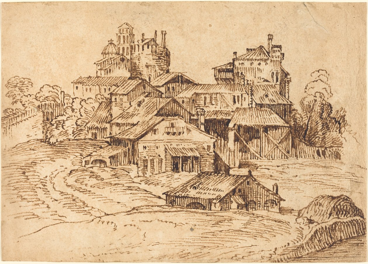 Udsigt over en italiensk by (efter Tizian eller Domenico Campagnola) af Bolognese 17th Century