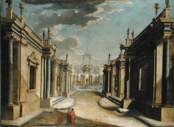 En arkitektonisk Capriccio, der skildrer historien om Minyas døtre (olie på lærred) af Bolognese School