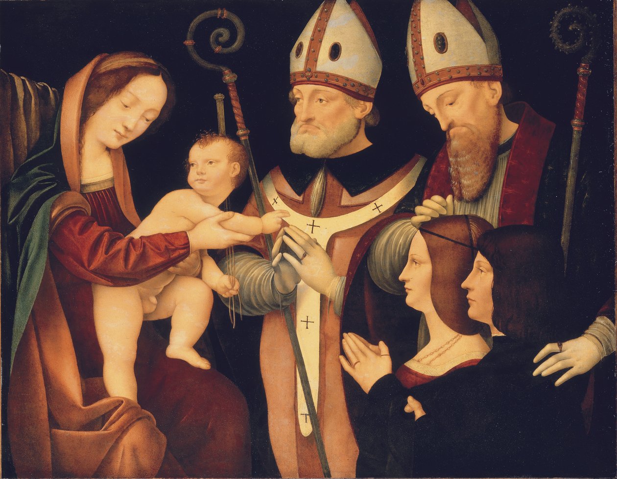 Madonnaen og barnet med de hellige Romanus og Ptolomæus og to donorer (olie på panel) af Boltraffio Pseudo