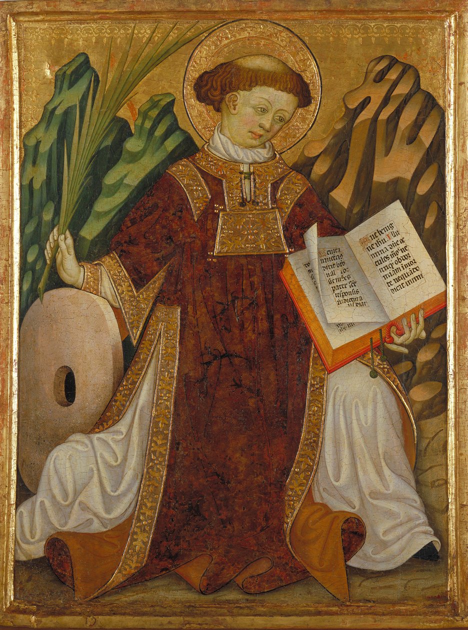 Sankt Vincent af Zaragoza (4. århundrede) (i kostume af en diakon, der læser Bibelen og holder martyrernes håndflade, nær møllestenen af ​​hans tortur) - Maleri af Bonanat Zaortiga (aktivt 15. århundrede), tempera på træ (80,2x61) , 5 cm), omkring 1430 - S af Bonanat Zaortiga