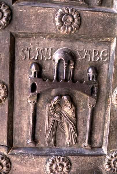 Panel, der viser visitationen på Porta di S. Ranieri af Bonannus of Pisa