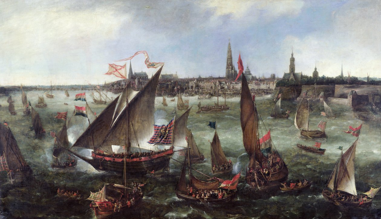 Udsigt over havnen i Antwerpen under fejringen af Bredas indtagelse, 1628 af Bonaventura Peeters