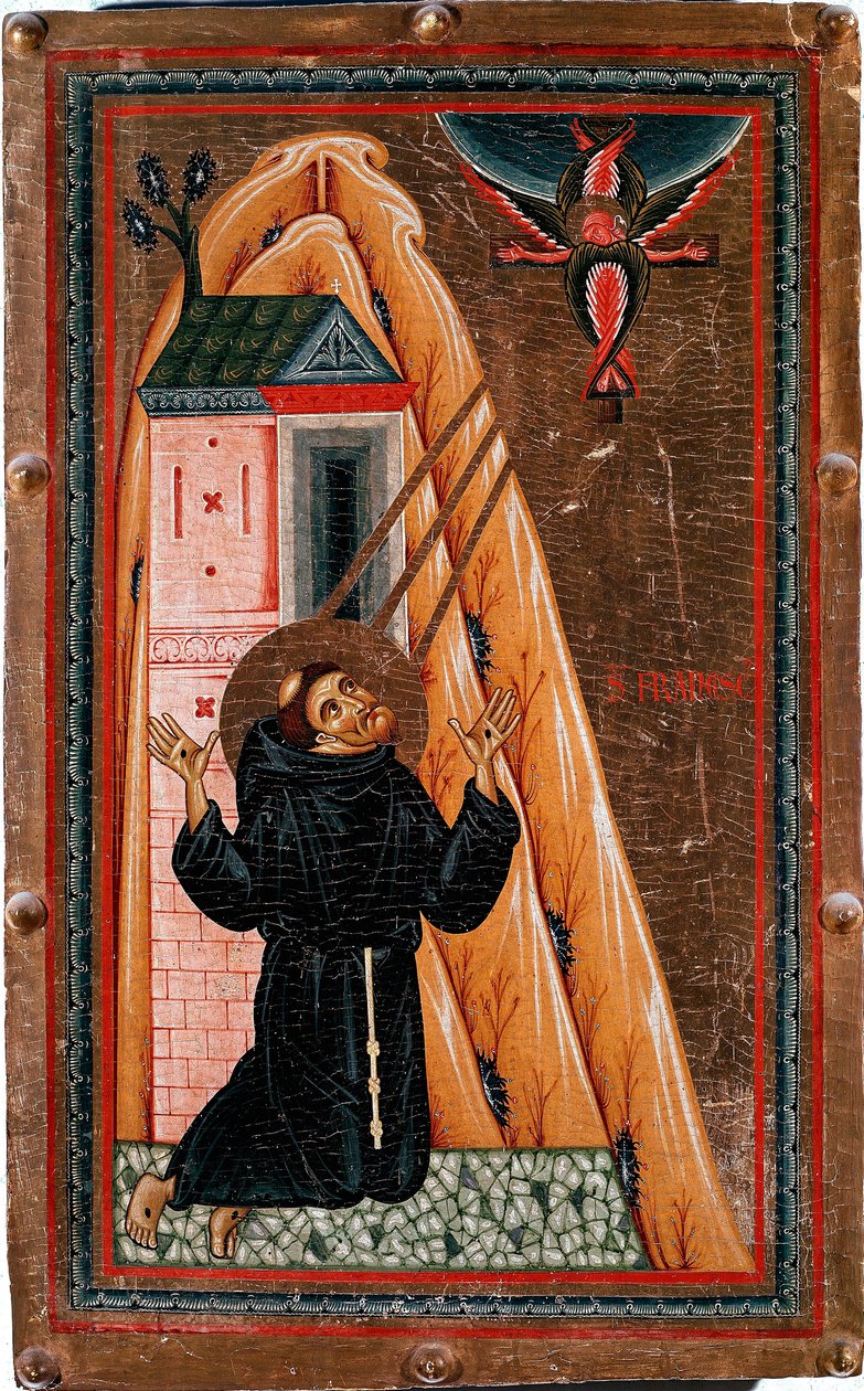 Sankt Francois af Assisis liv "" Sankt Francois modtager stigmatisering""" Jesus Kristus korsfæster fremstår for ham som en serafin. Maleri på træ af Bonaventura Berlinghieri (aktivt omkring 1228-1274), Dim. 80x51 cm Galleria degli Uffizi (Kontorer) Firenz af Bonaventura Berlinghieri