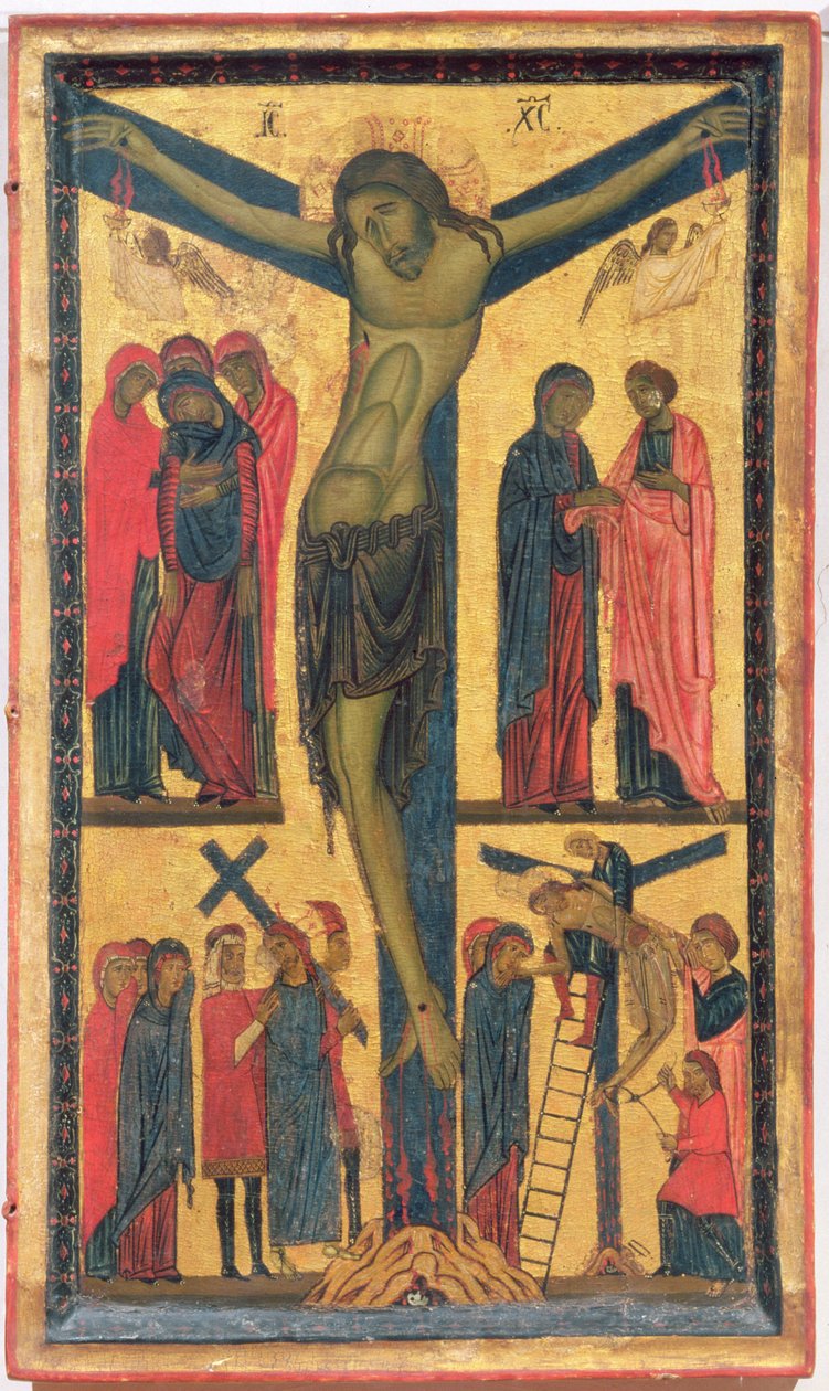 Korsfæstelsen med hellige kvinder, sørgende, Kristus på vejen til Golgata og aflejringen, højre panel af en ditykon (tempera på panel) af Bonaventura Berlinghieri