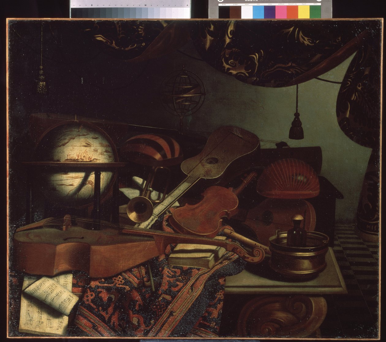 ""Still life with musical instruments"" (Still life with musical instruments) Globus, fløjte, partitur, viol, guitar. Maleri af Bonaventura Bettera (1663-1718) 1715 Pushkin Museum, Moskva af Bonaventura Bettera
