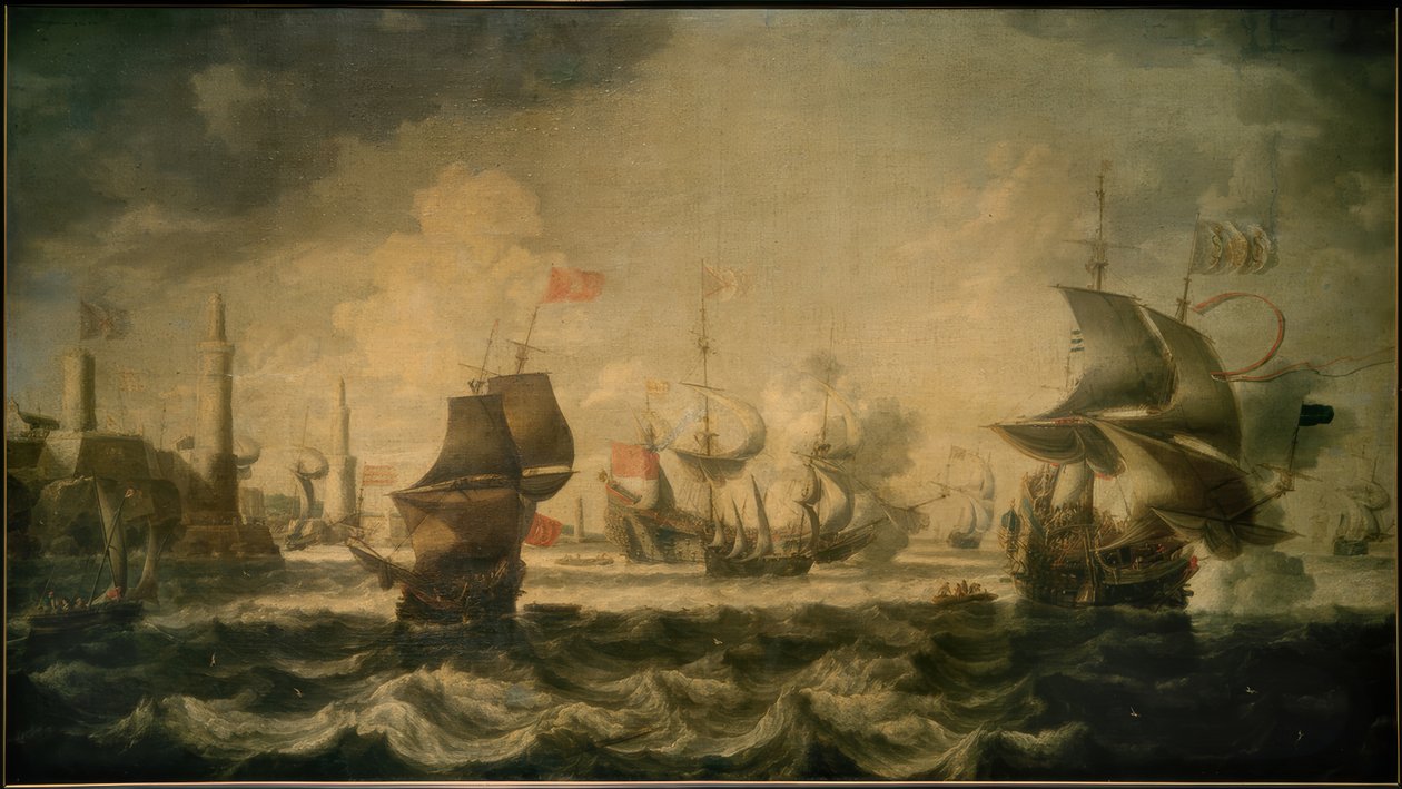 Skibe foran en havn af Bonaventura I. Peeters