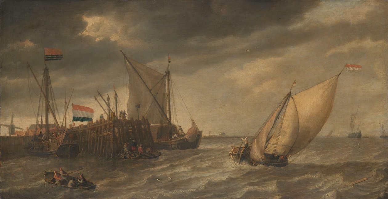 Rejsende, der går fra borde ved en anløbsbro ved Schelde i stærk vind af Bonaventura Peeters (I)