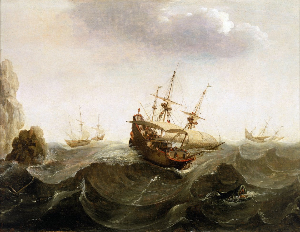 Et hollandsk handelsskib til Ostindien lader to sildefiskerbåde passere. Oliemaleri, midten af det 17. århundrede, af Bonaventura Peeters (1614-1652). af Bonaventura Peeters
