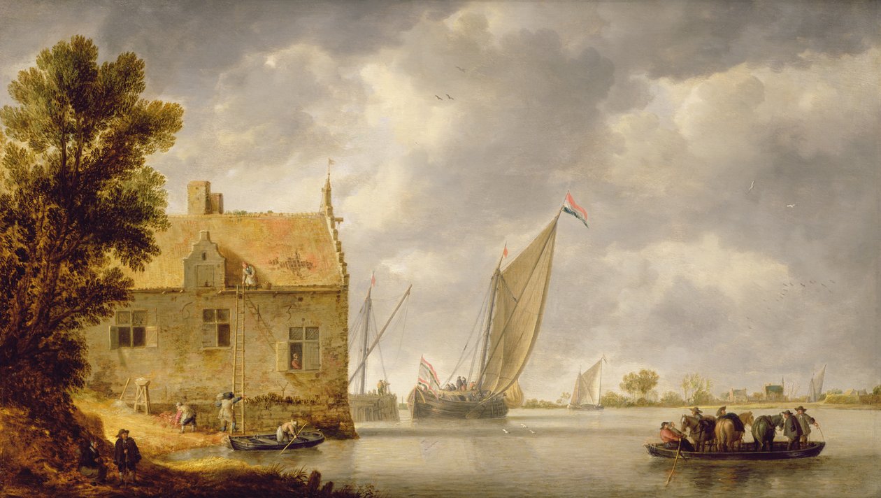 Bygherrer, der reparerer et hus ved en flod af Bonaventura Peeters