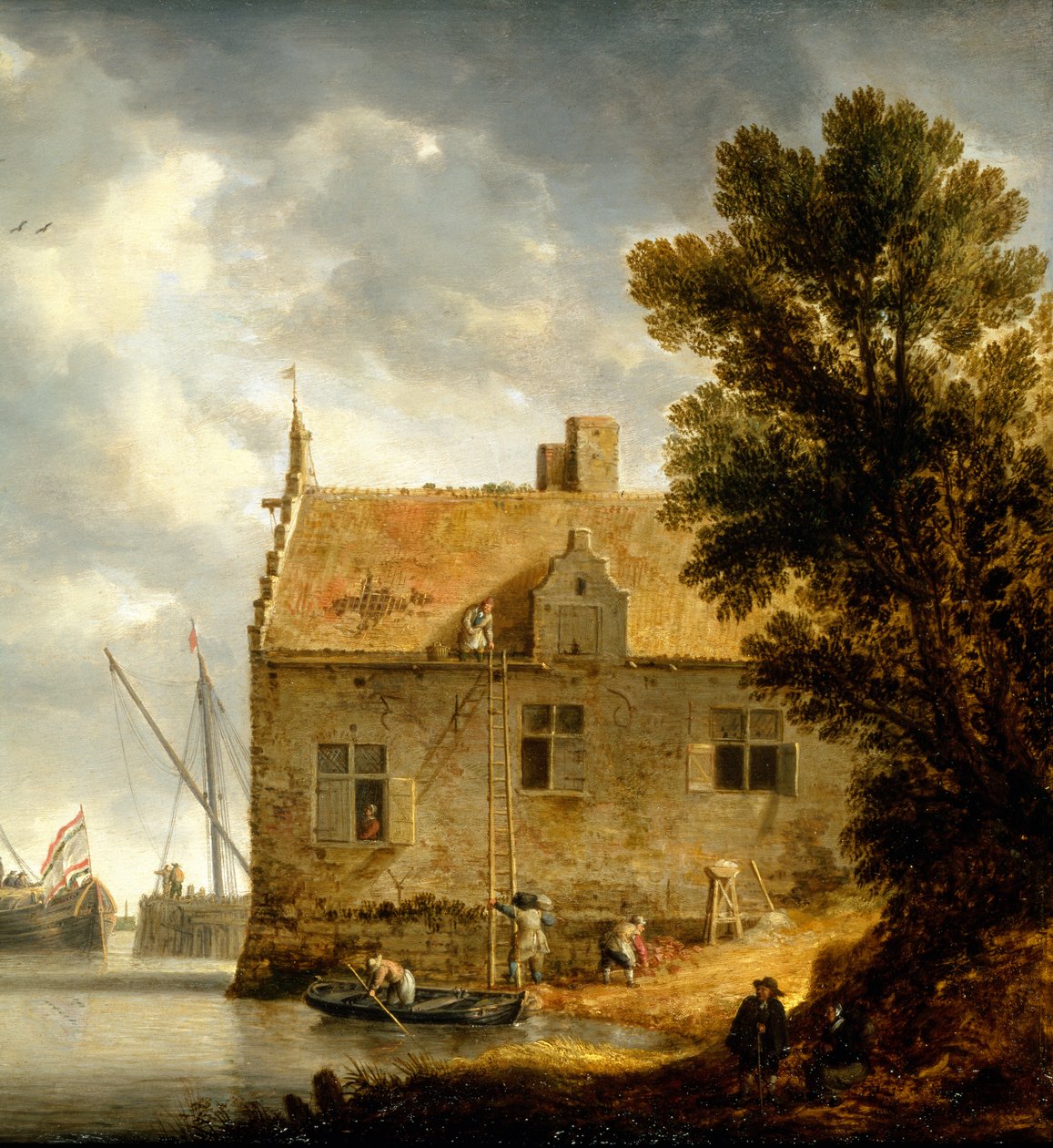 Bygherrer reparerer et hus ved en flod af Bonaventura Peeters