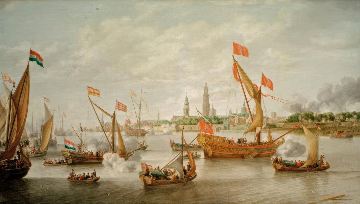 Festlig ceremoni på Schelde foran Antwerpen af Bonaventura Peeters