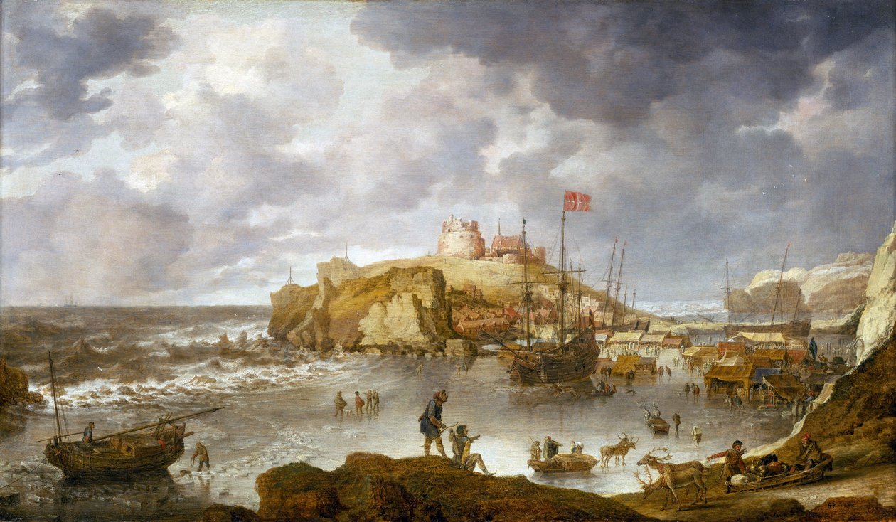 Havnen i Archangel (Rusland), delvist frossen, med et skib under dansk flag af Bonaventura Peeters