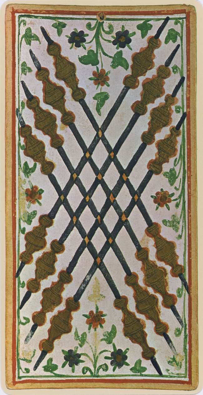 The Eight of Wands, faksimile af et tarotkort fra 