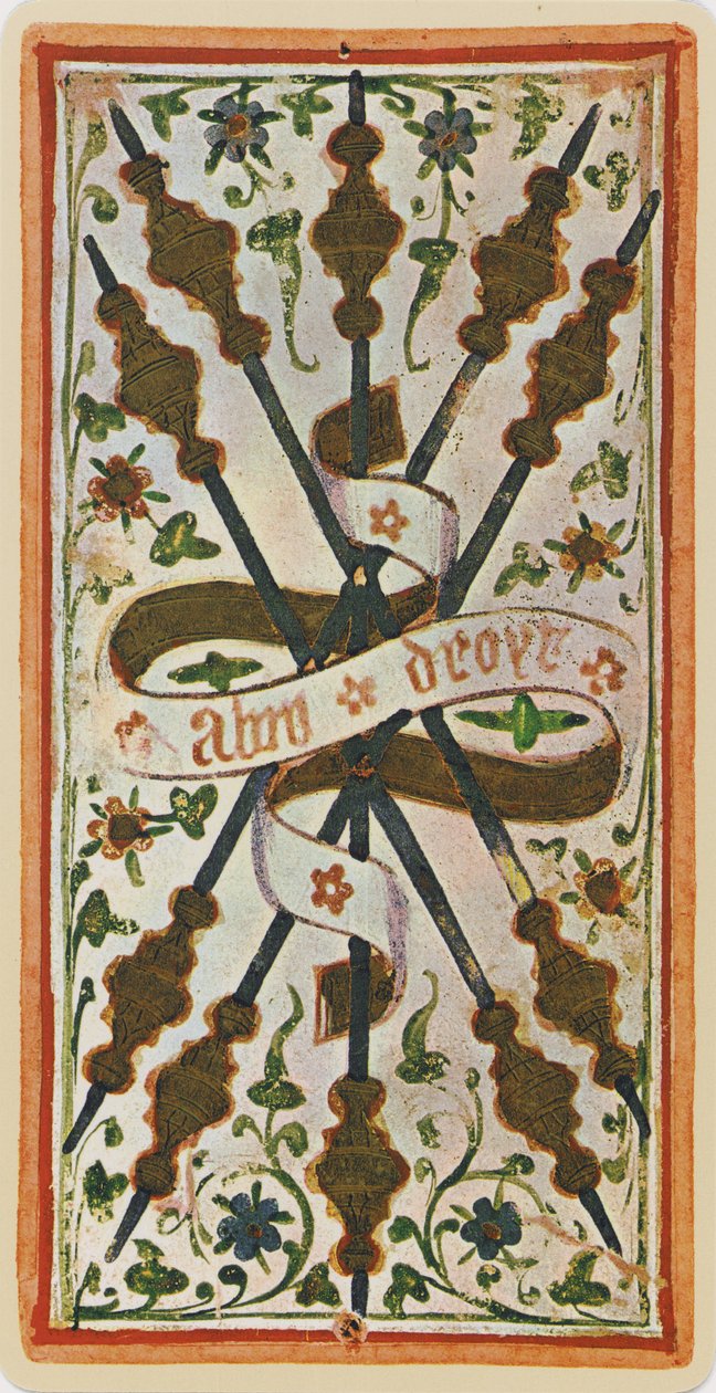The Five of Wands, faksimile af et tarotkort fra 