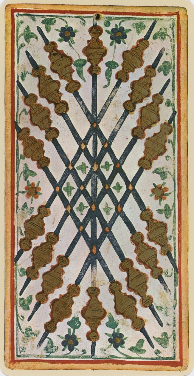 The Nine of Wands, faksimile af et tarotkort fra 