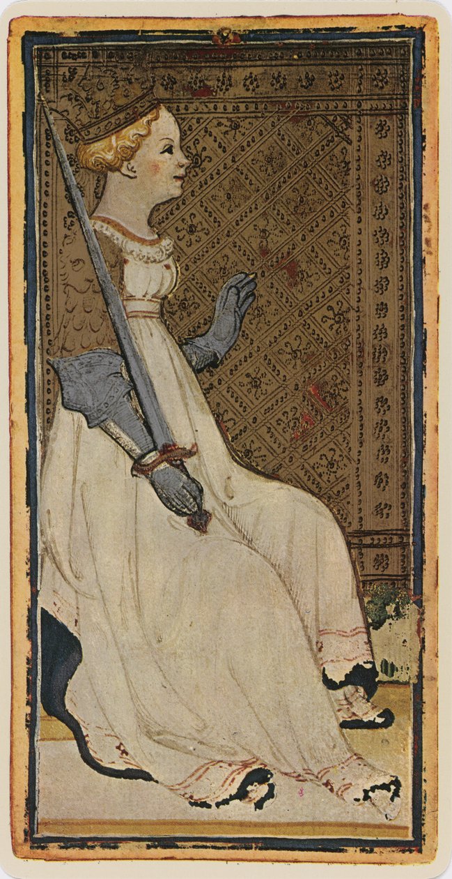 Sværdets dronning, faksimile af et tarotkort fra "Visconti"-spillet, 1441-47 af Bonifacio Bembo