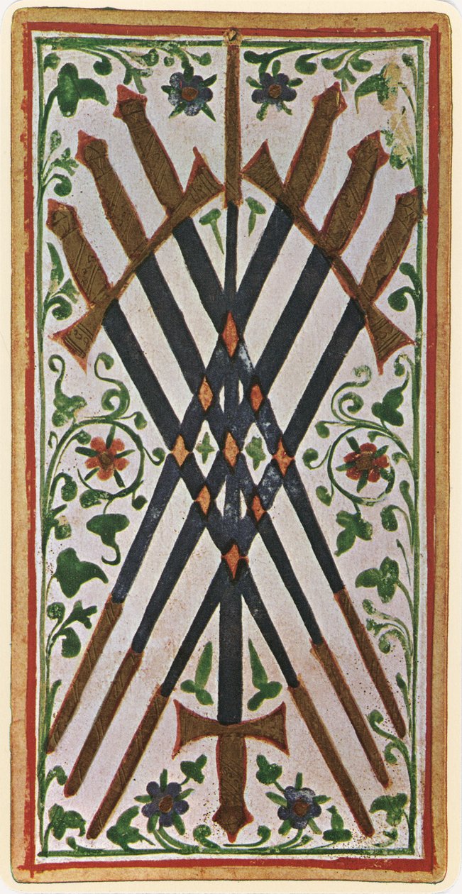 The Seven of Swords, faksimile af et tarotkort fra 