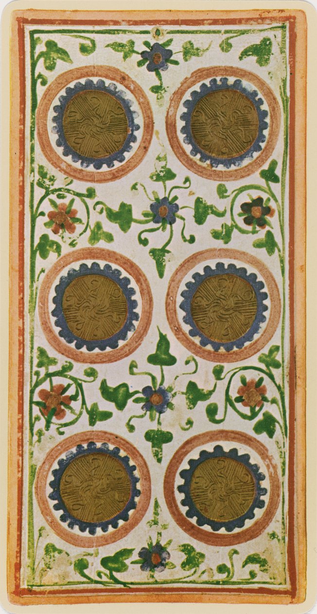 The Six of Coins, faksimile af et tarotkort fra 