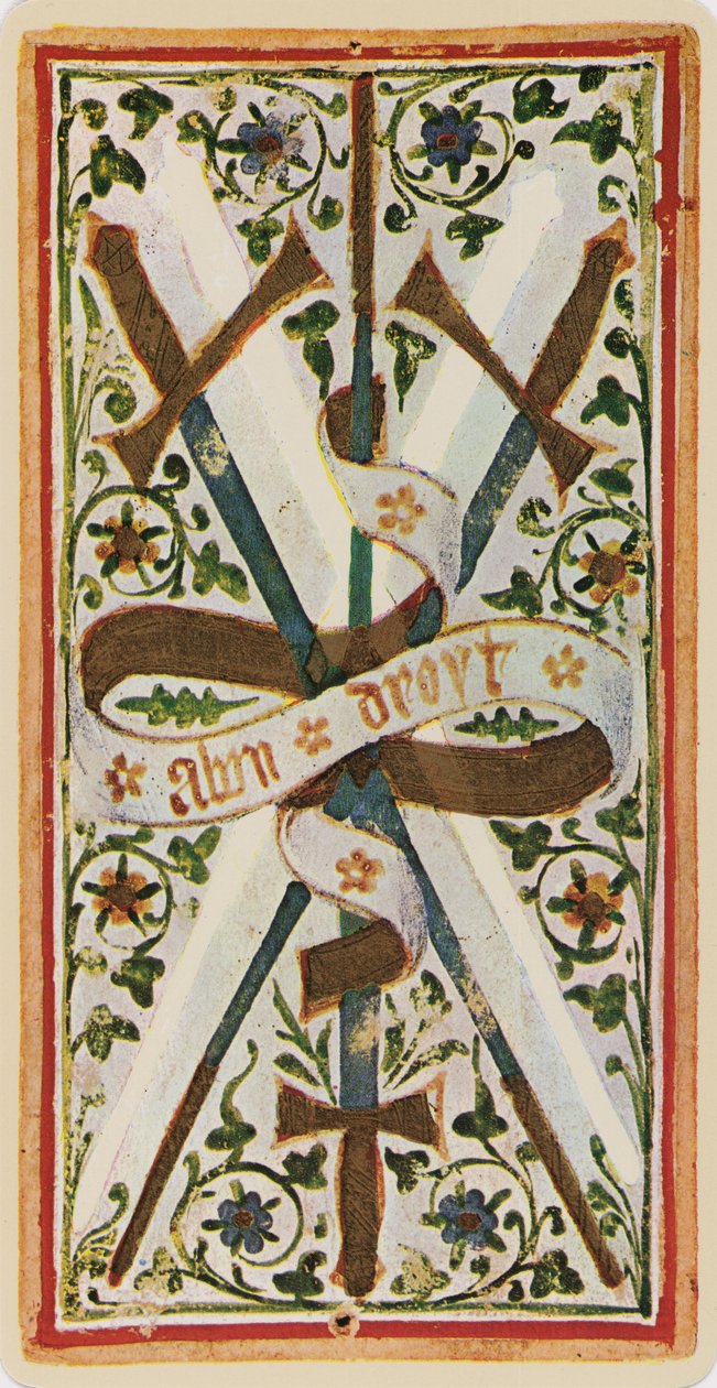Tre af sværd, faksimile af et tarotkort fra Visconti-dækket, 1441-47 af Bonifacio Bembo